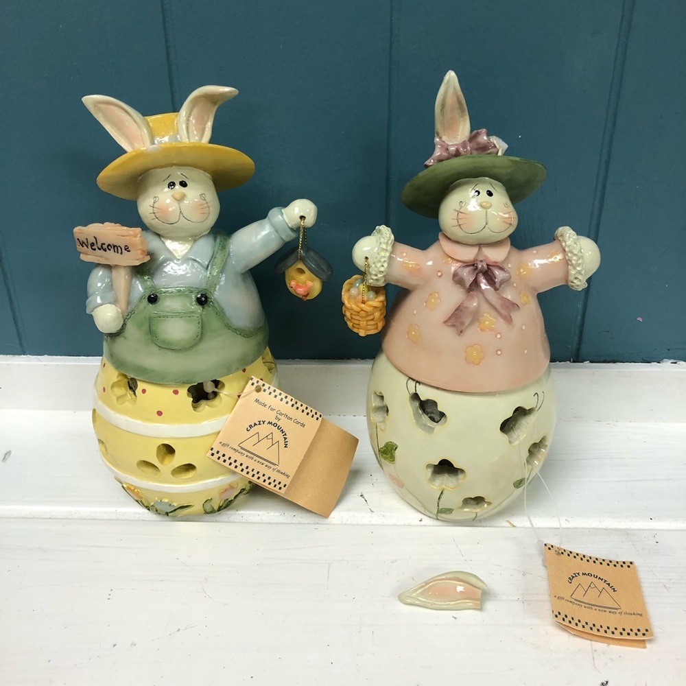 Set of 2 Crazy Mountain Easter bunny‎ rabbits Tea light Holders *read
